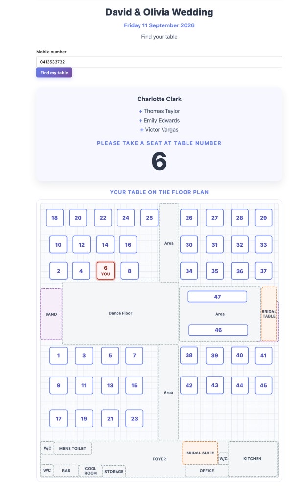 Event Admins guest check-in showing mobile lookup, table number, and highlighted table on the floor plan
