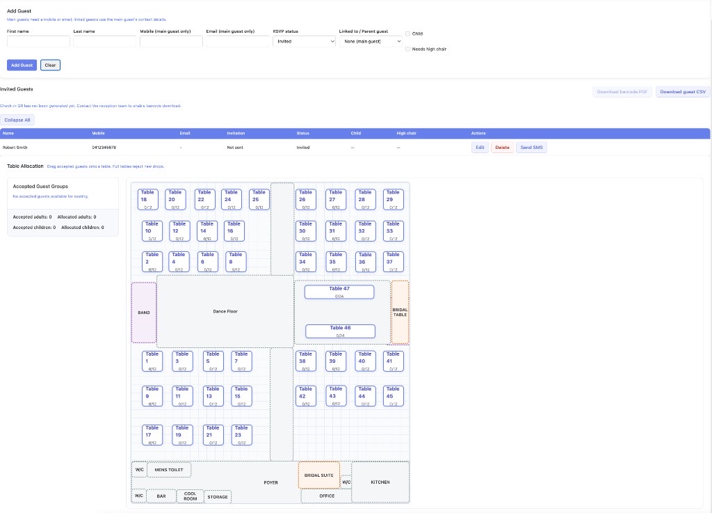 Event Admins guest page showing add guest form, invited guests with Send SMS, and table allocation layout